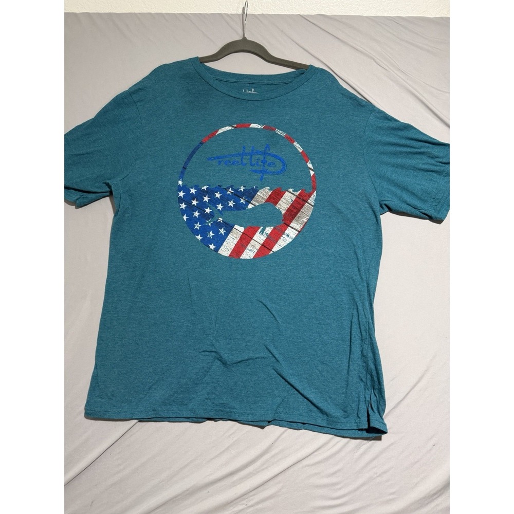 Reel Life teal blue ss t-shirt, american flag, fishing, men's 2xl